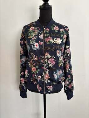 Style Me Navy Floral Oriental Pagoda Print Zip Up Bomber Jacket Size Large